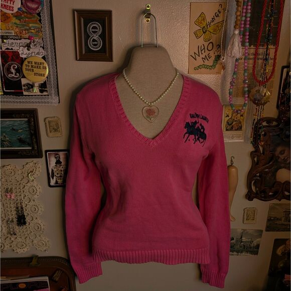Vintage Ralph Lauren V-Neck Sweater Women's Large Hot Pink Embroidered Logo - Picture 1 of 7